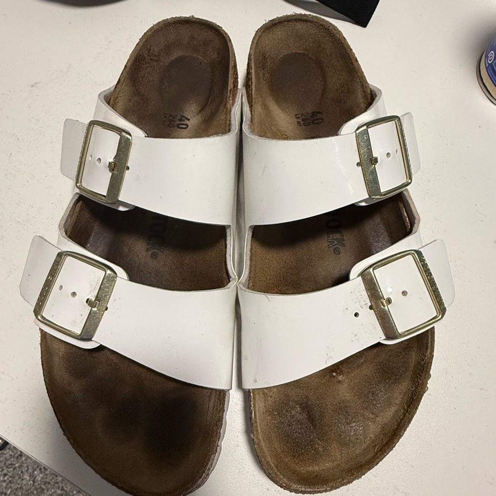 Birkenstock White Sandals with Gold Buckles